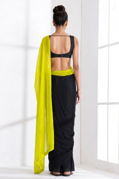 Dhiyona ST Black and Yellow Georgette Triangle Saree with Blouse Fabric