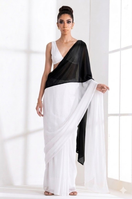 Dhiyona ST White and Black Georgette Triangle Saree with Blouse Fabric