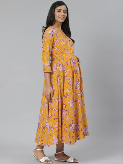 Dhiyona AY Women's Mustard Yellow & Purple Floral Printed Pure Cotton Maternity A-Line Dress