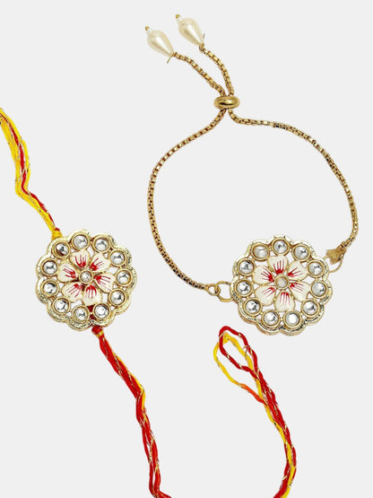 Dhiyona Kundan Studded & Beaded Floral Bhaiya Bhabhi Rakhi With Roli