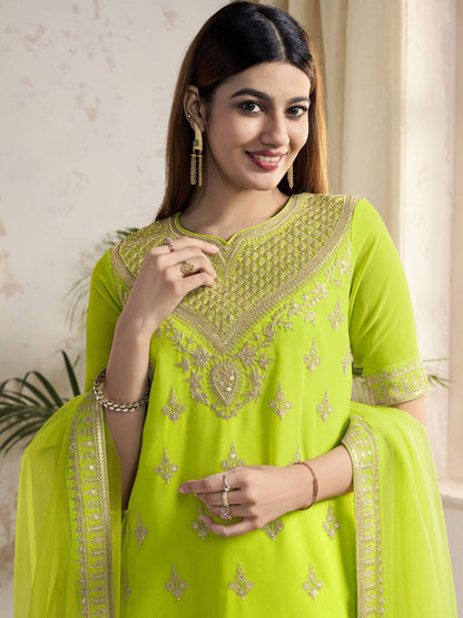 Dhiyona IN Women Ethnic Motifs Embroidered Regular Sequinned Kurta with Sharara & With Dupatta