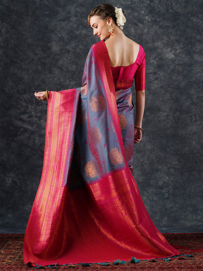 Women's Silk Blend Teal blue Woven Design Designer Saree With Blouse Piece