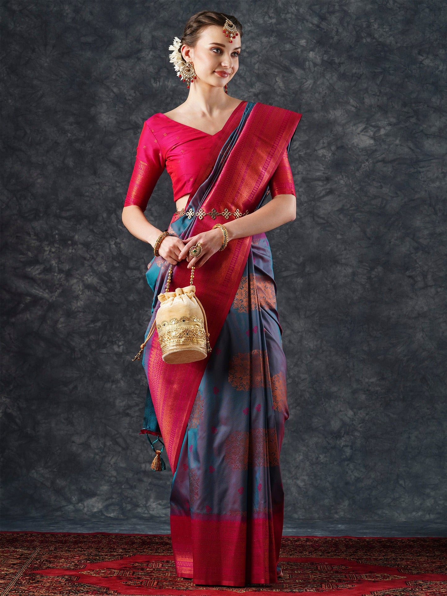 Women's Silk Blend Teal blue Woven Design Designer Saree With Blouse Piece