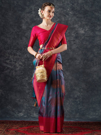 Women's Silk Blend Teal blue Woven Design Designer Saree With Blouse Piece