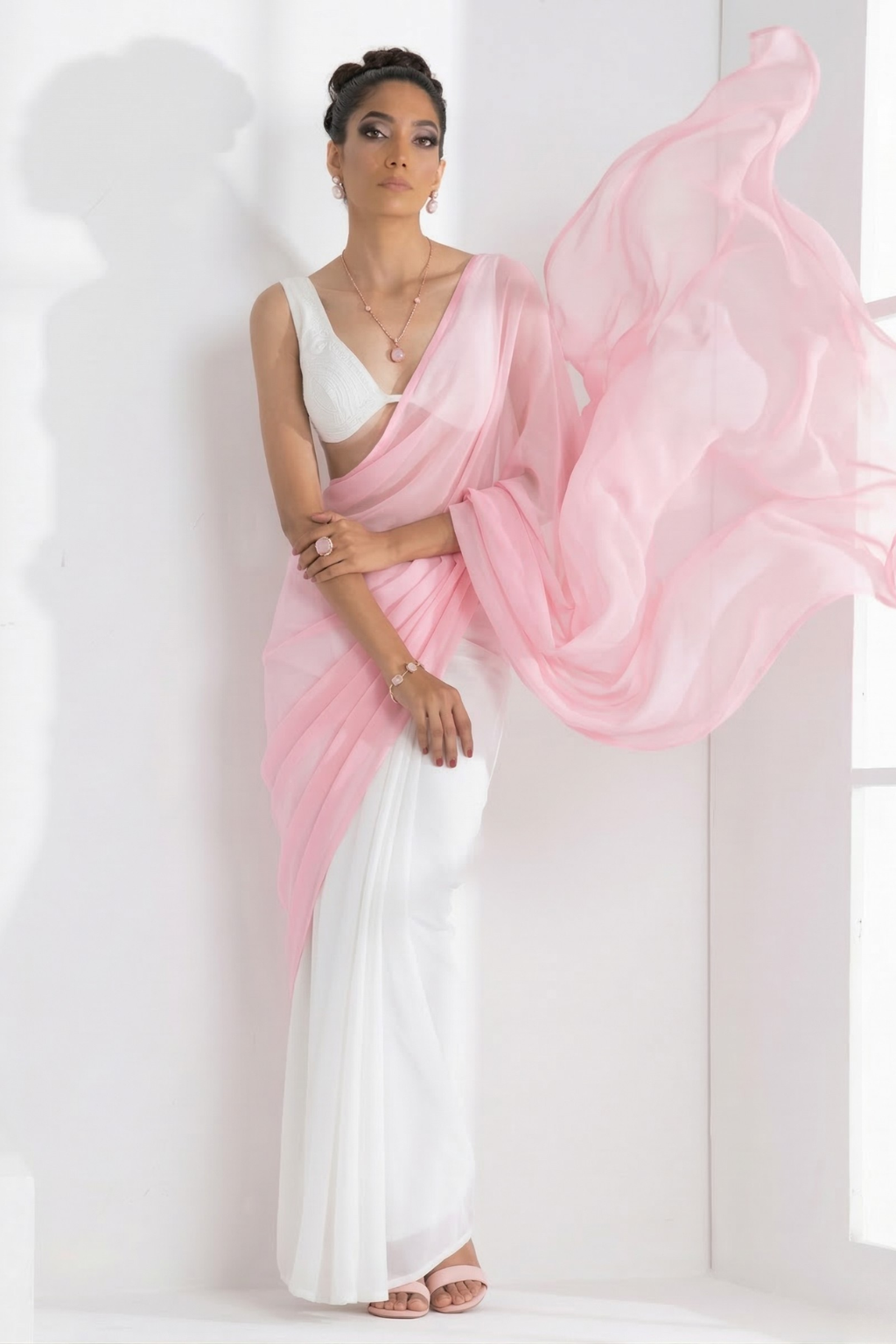 Dhiyona ST White with Pink Chiffon Saree and Blouse Fabric