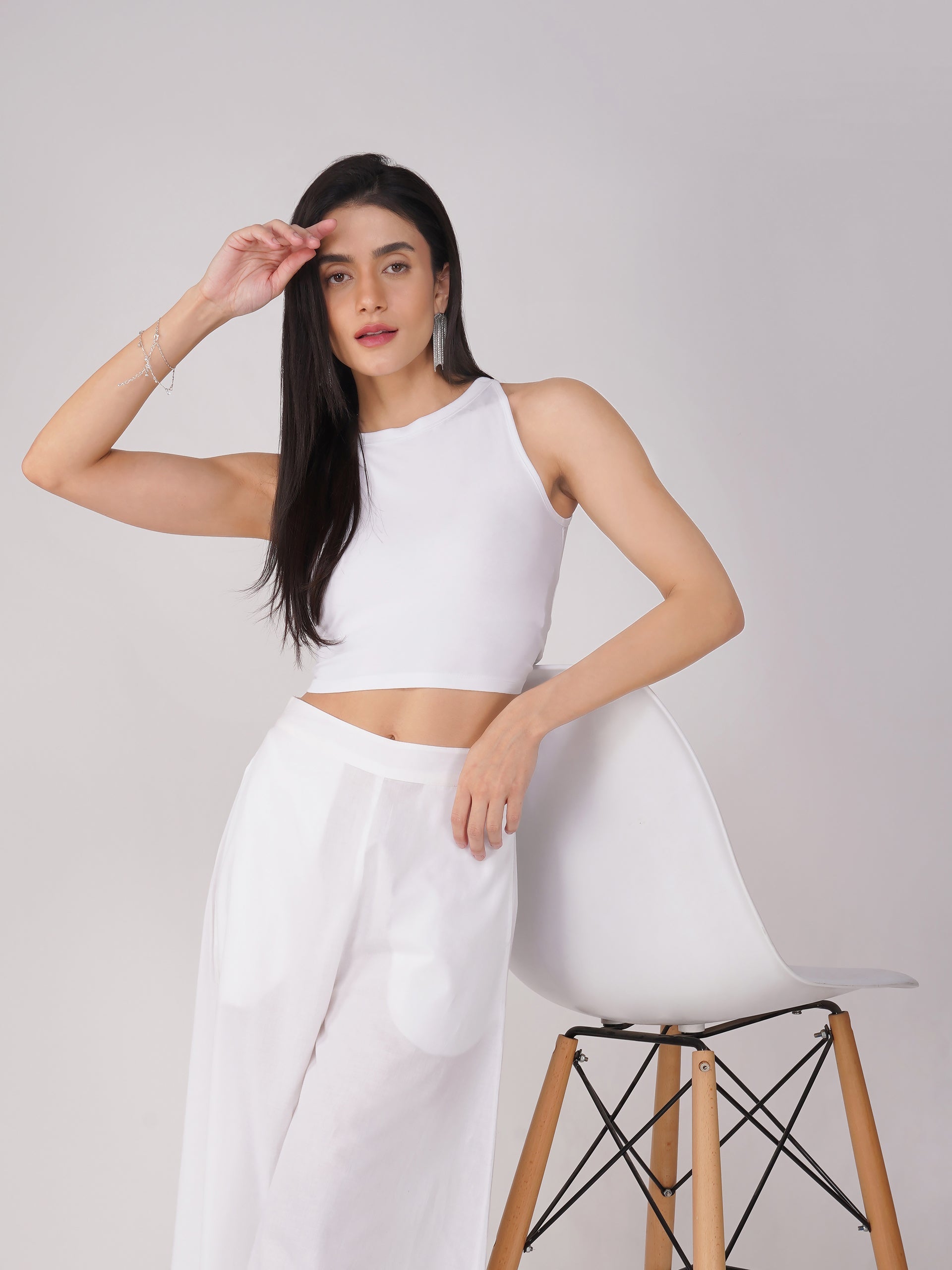 Dhiyona ST Women's Stretchy Knitted Halter Neck White Crop Top