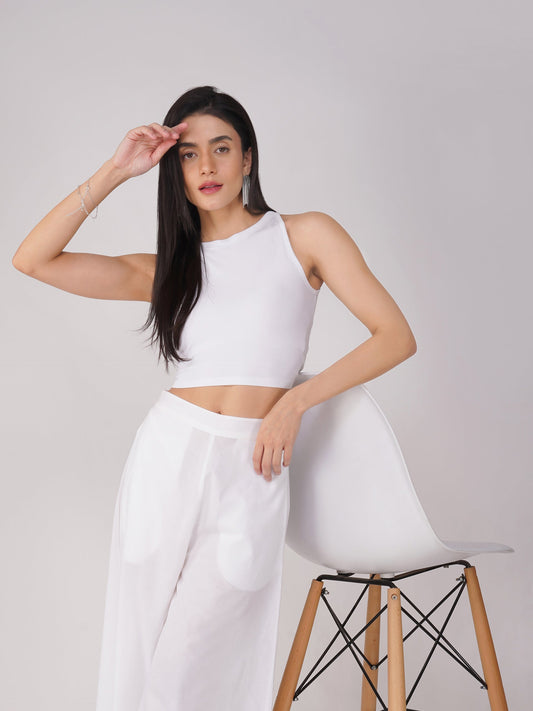 Dhiyona ST Women's Stretchy Knitted Halter Neck White Crop Top