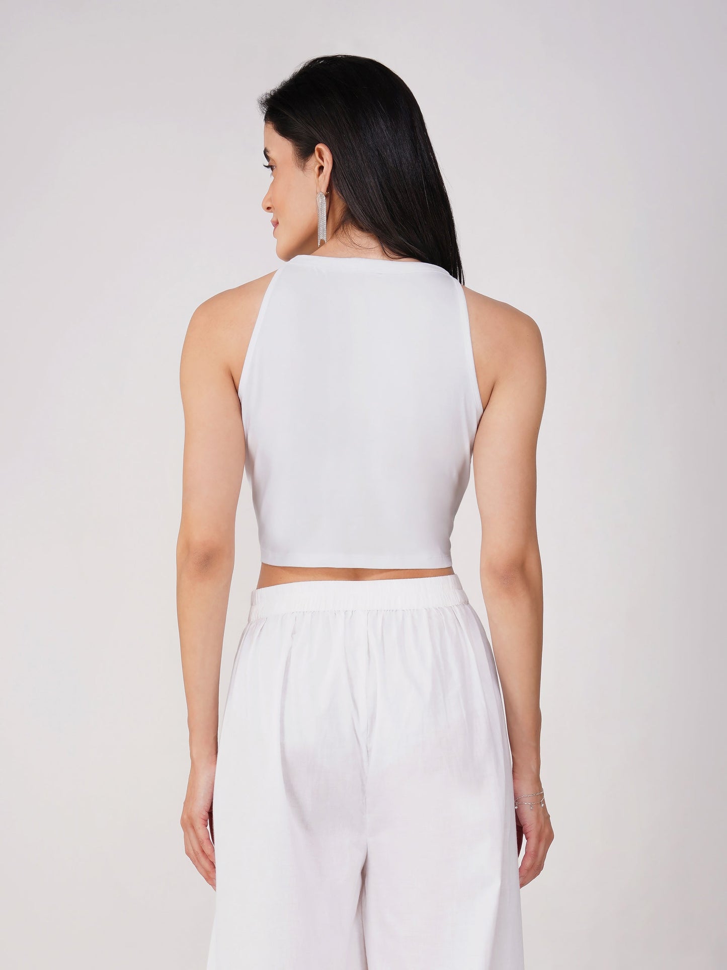 Dhiyona ST Women's Stretchy Knitted Halter Neck White Crop Top