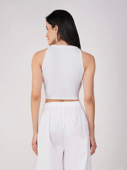 Dhiyona ST Women's Stretchy Knitted Halter Neck White Crop Top