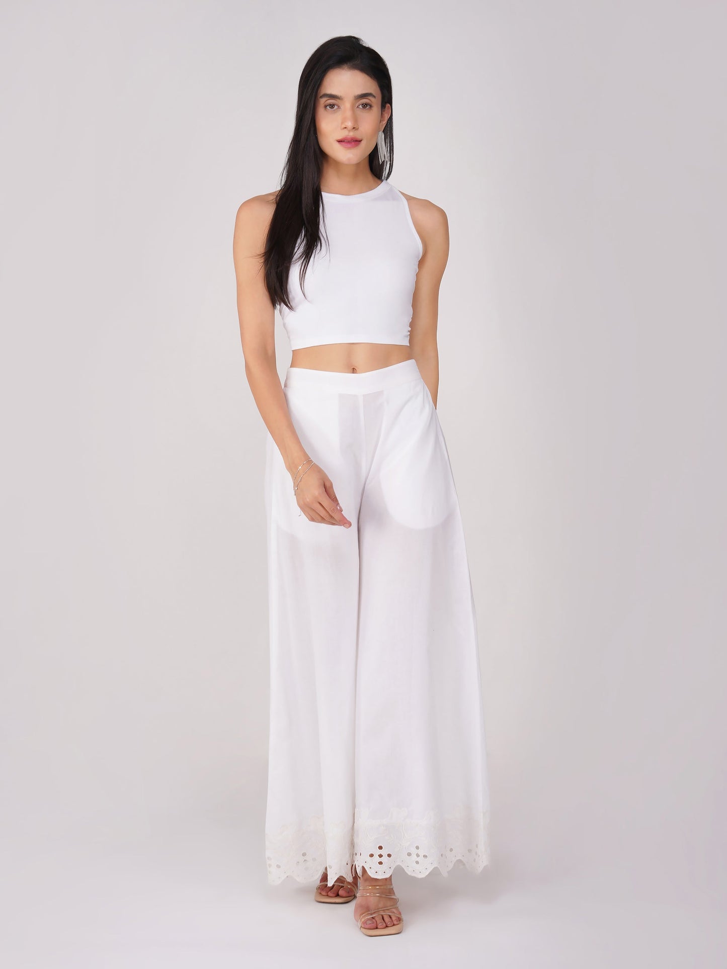 Dhiyona ST Women's Stretchy Knitted Halter Neck White Crop Top