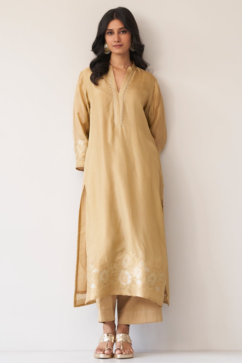 Women's Gold Beige Silk Jacquard Kurta Set