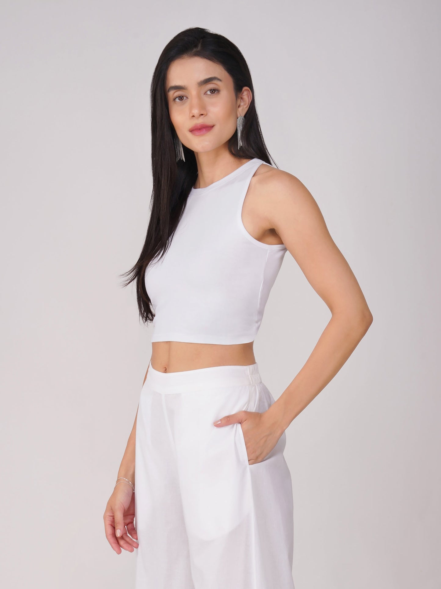 Dhiyona ST Women's Stretchy Knitted Halter Neck White Crop Top