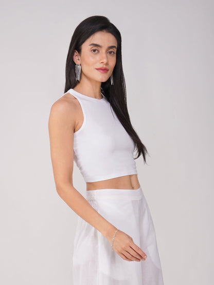 Dhiyona ST Women's Stretchy Knitted Halter Neck White Crop Top