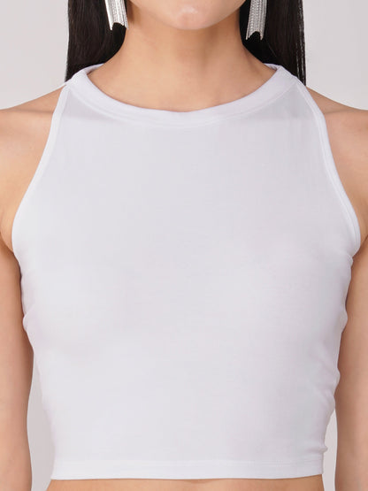 Dhiyona ST Women's Stretchy Knitted Halter Neck White Crop Top