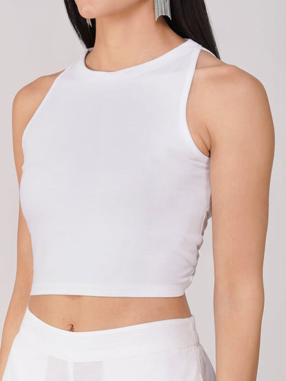 Dhiyona ST Women's Stretchy Knitted Halter Neck White Crop Top