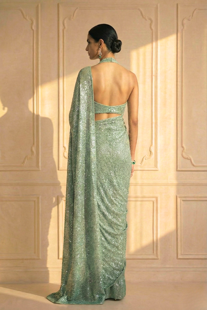 Dhiyona ST Candy Mint Knitted Sequin Saree with Blouse Fabric