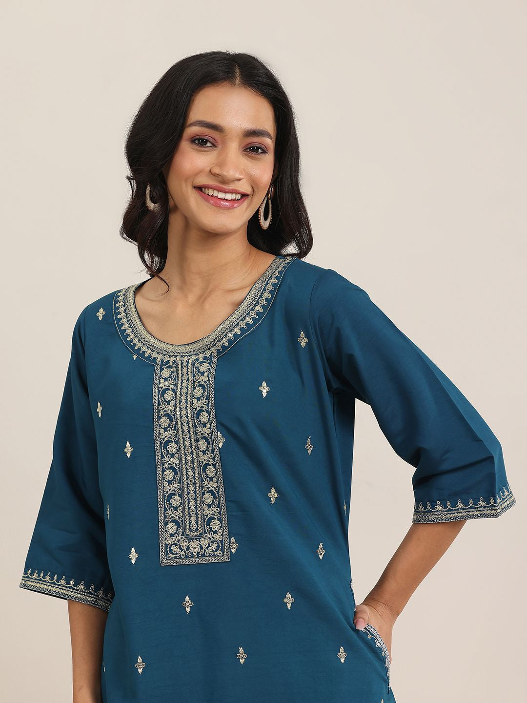 Blue Round Neck Floral Zari Embroidered A-Line Kurta With Trouser And Dupatta