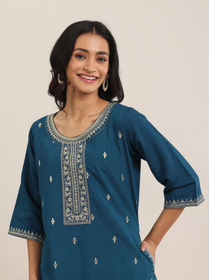 Blue Round Neck Floral Zari Embroidered A-Line Kurta With Trouser And Dupatta