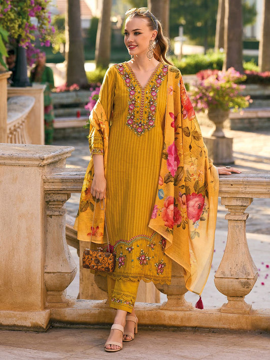 Striped Thread Work Pure Cotton Bell Sleeves Straight Kurta & Trousers & Dupatta