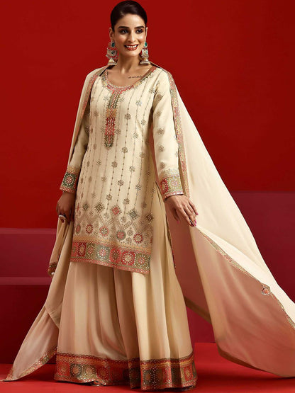 Dhiyona LL Ethnic Motifs Zari Embroidered Georgette Straight Kurta With Palazzos & Dupatta