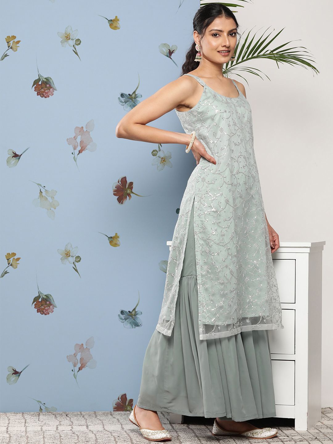 Dhiyona VA Women Floral Embroidered Sequinned Kurta With Sharara & Dupatta