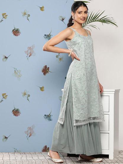 Dhiyona VA Women Floral Embroidered Sequinned Kurta With Sharara & Dupatta