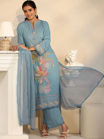 Cornflower Blue Floral Embroidered Cotton Straight Suit Set