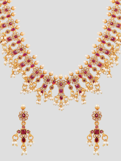 Dhiyona RJ Women's 22K Gold-Plated Ruby Kundan & Cubic Zirconia Studded Necklace Set with Pearl Beads