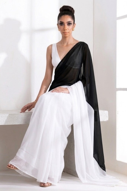 Dhiyona ST White and Black Georgette Triangle Saree with Blouse Fabric