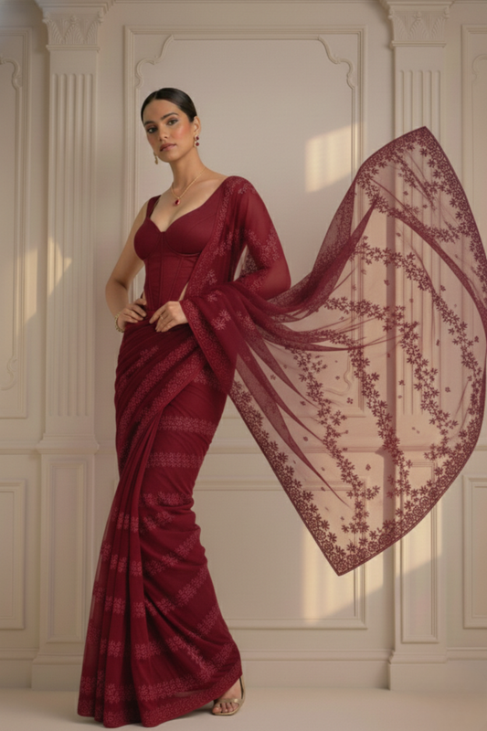 Dhiyona ST Maroon Stripe Lace Saree with Sequin and Blouse Fabric