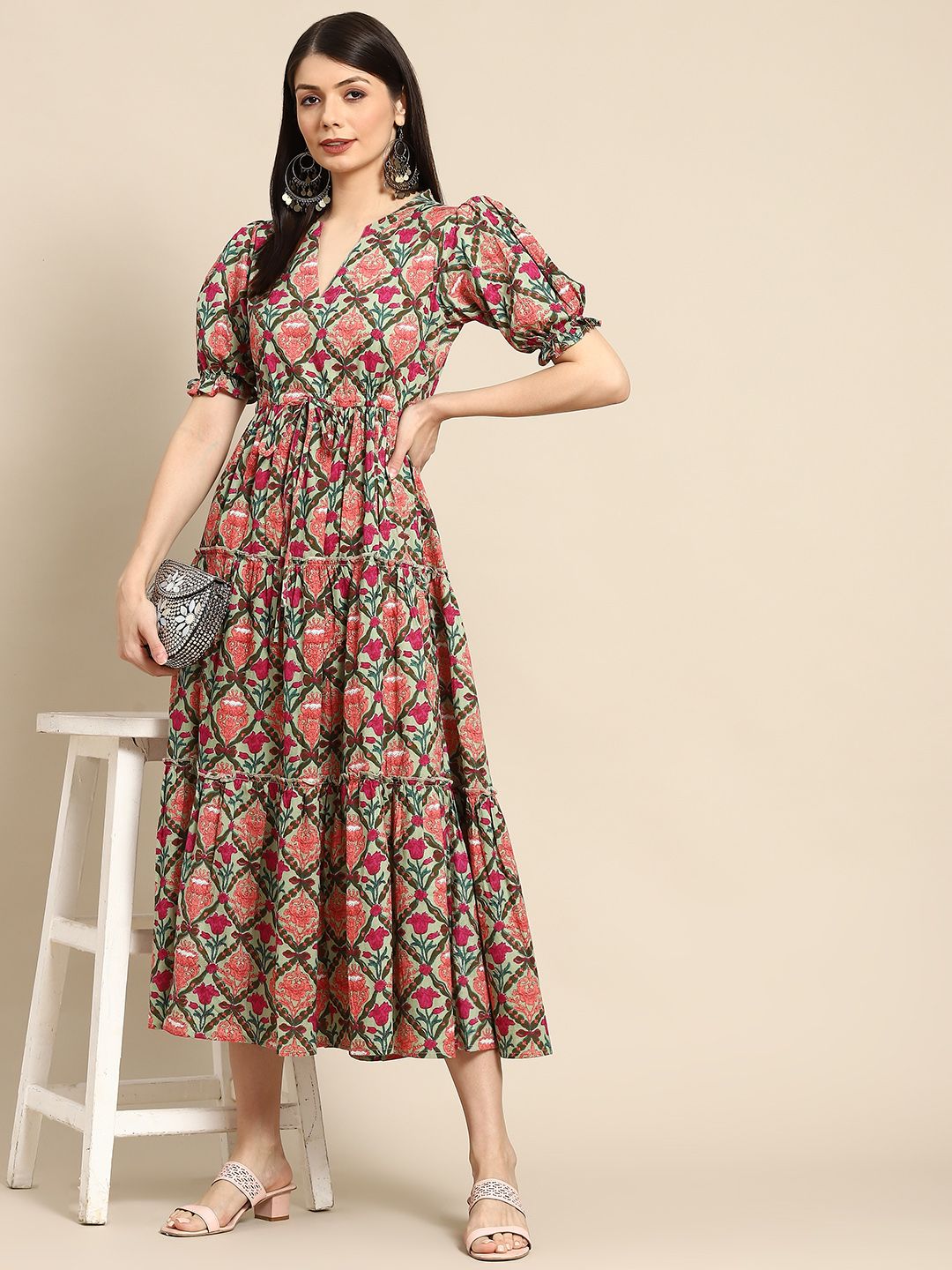 Dhiyona AY Women's Green & Pink Ethnic Motifs Printed Tiered Pure Cotton A-Line Midi Dress