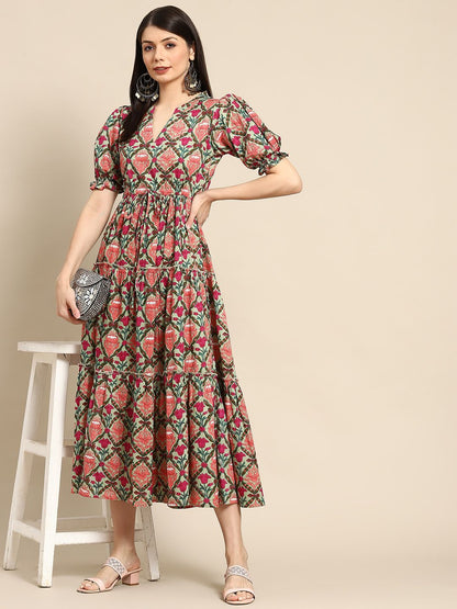 Dhiyona AY Women's Green & Pink Ethnic Motifs Printed Tiered Pure Cotton A-Line Midi Dress