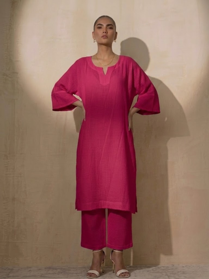 Dhiyona ST 2 pc Set - Fuschia Easy Addictive Travel Airflow Kurta and Pant Set