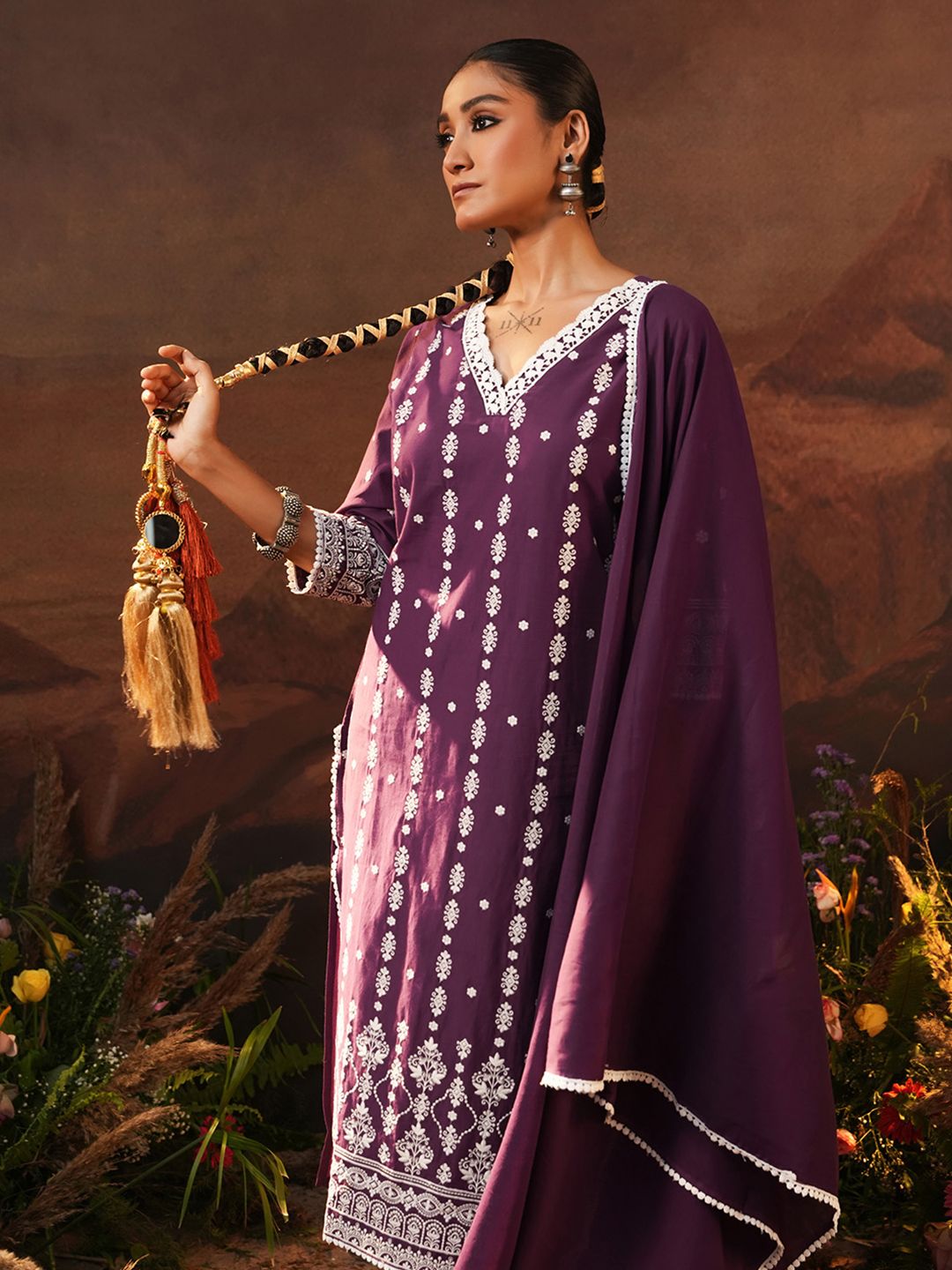 Dhiyona IS Women's Ethnic Motifs Embroidered Thread Work Pure Cotton Kurta With Trousers & Dupatta