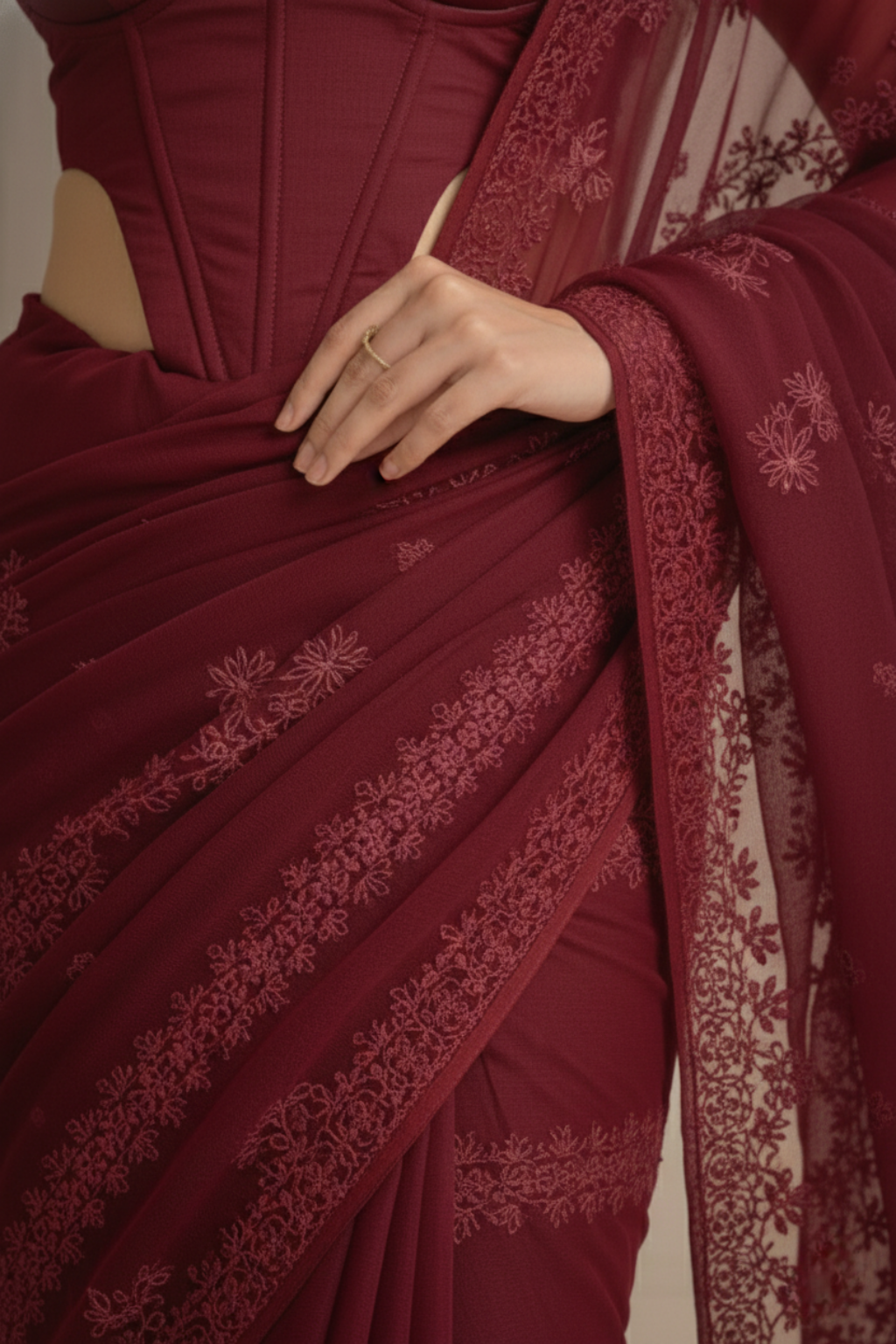 Dhiyona ST Maroon Stripe Lace Saree with Sequin and Blouse Fabric