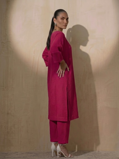 Dhiyona ST 2 pc Set - Fuschia Easy Addictive Travel Airflow Kurta and Pant Set
