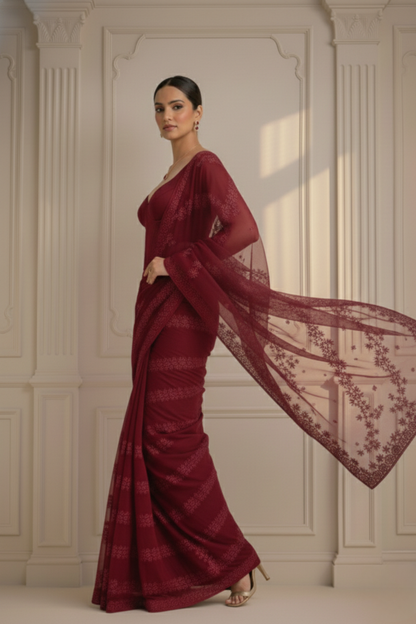 Dhiyona ST Maroon Stripe Lace Saree with Sequin and Blouse Fabric