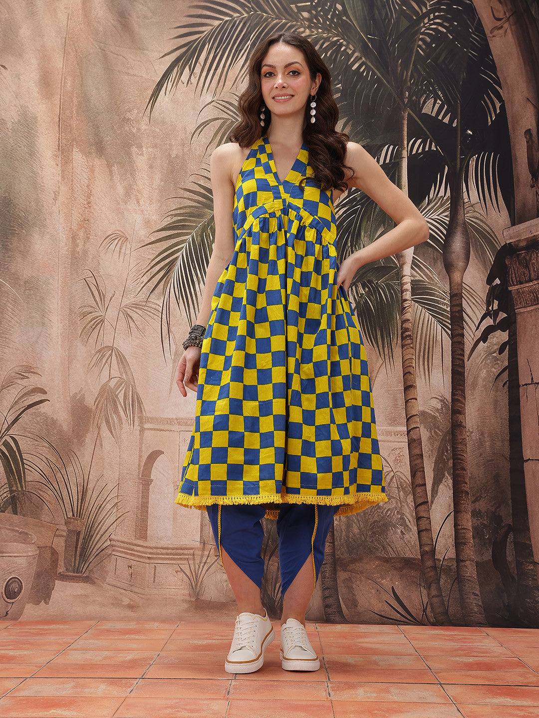 Checked Halter Neck Empire Style Pure Cotton A-Line Fusion Republic Day Kurta with Dhoti Pants