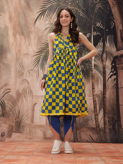 Checked Halter Neck Empire Style Pure Cotton A-Line Fusion Republic Day Kurta with Dhoti Pants