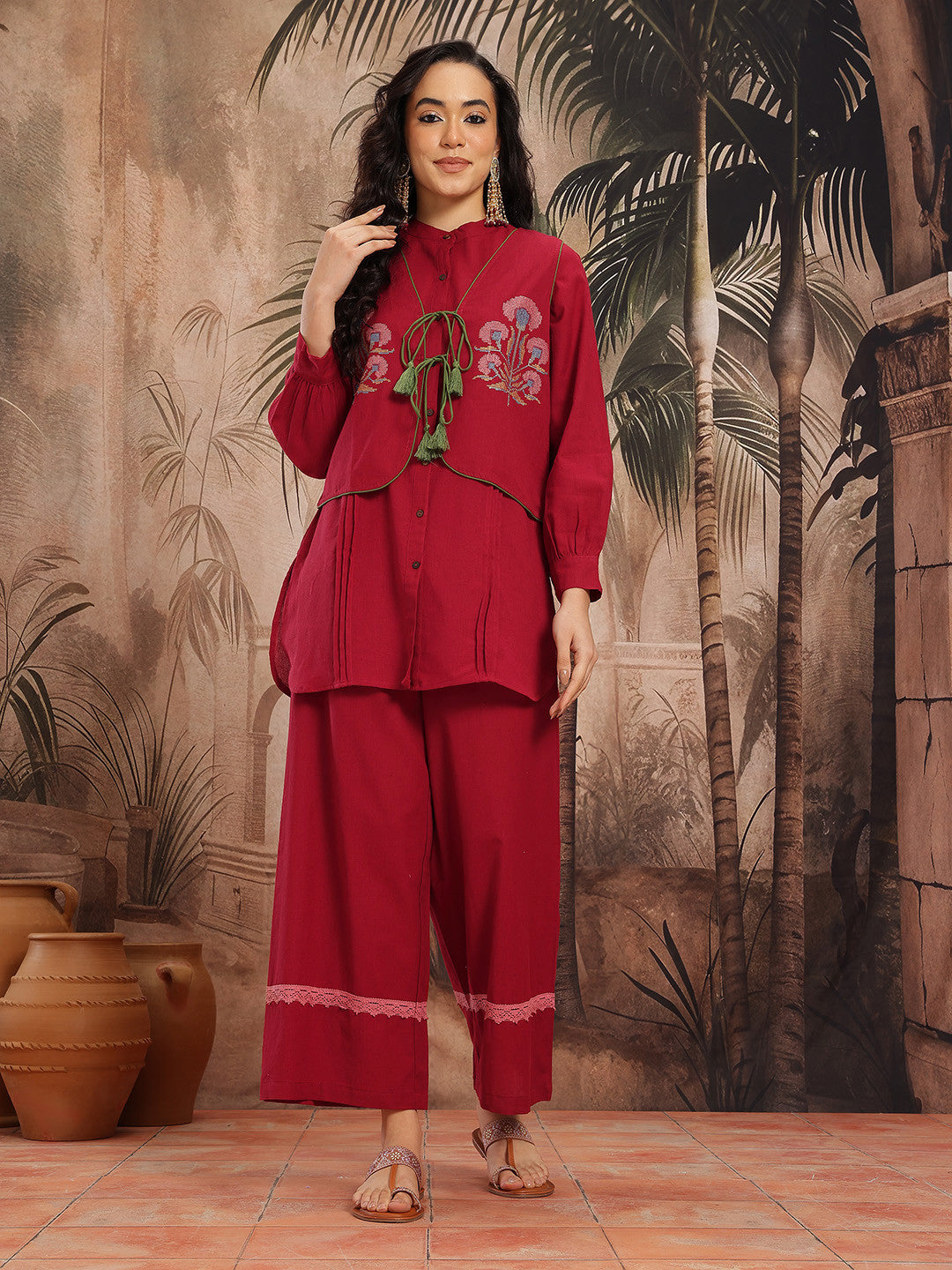 Pintucks Cotton-Linen Straight Kurti with Palazzos and Embroidered Waistcoat