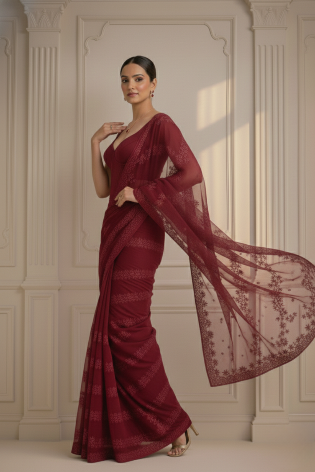 Dhiyona ST Maroon Stripe Lace Saree with Sequin and Blouse Fabric