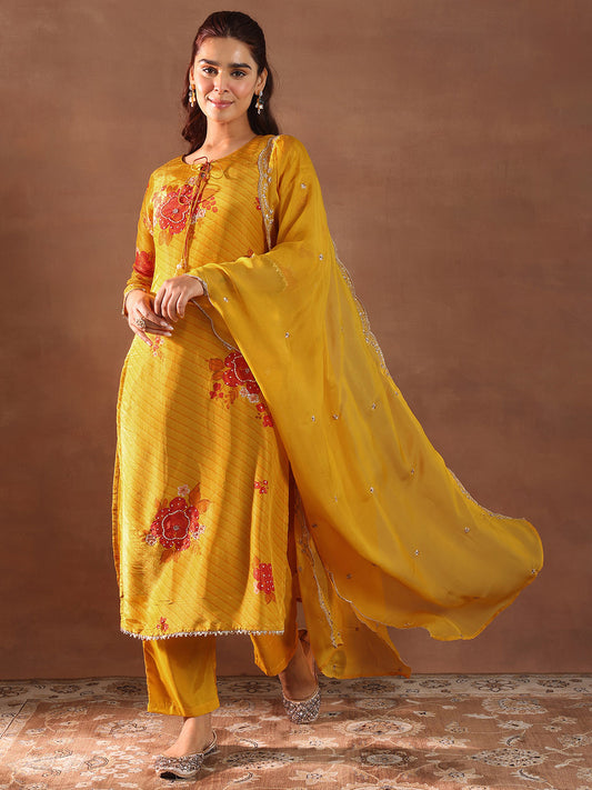 Floral Printed Beads and Stones Straight Kurta with Trousers & Dupatta