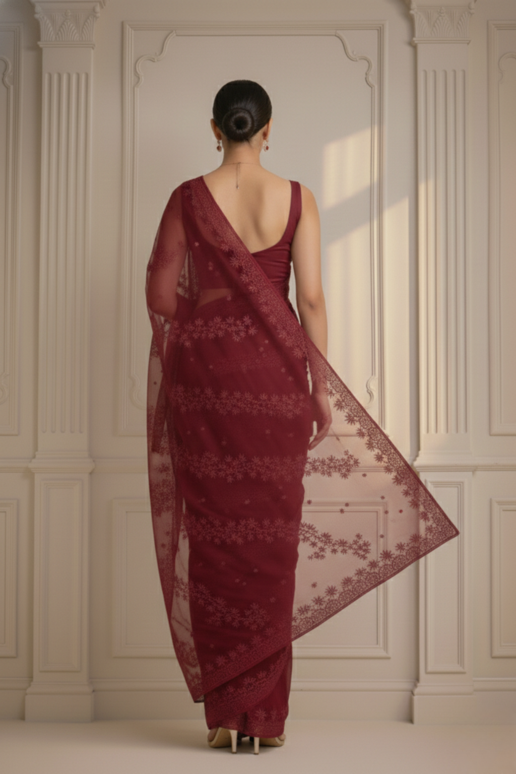 Dhiyona ST Maroon Stripe Lace Saree with Sequin and Blouse Fabric