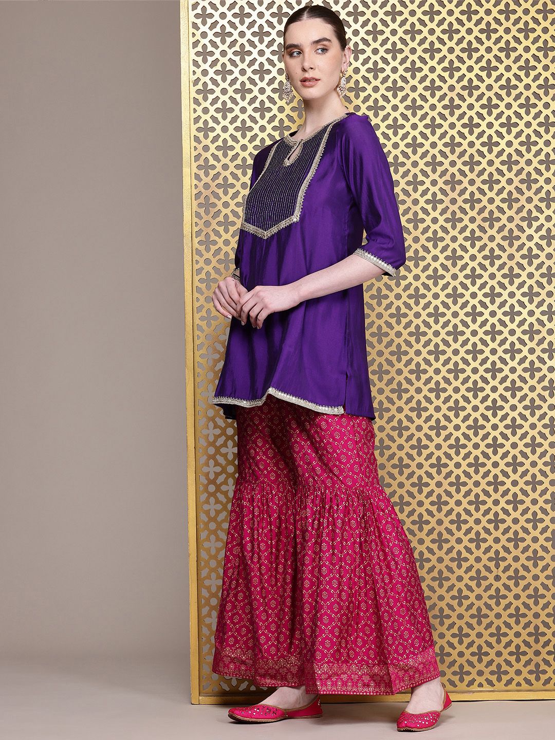 Dhiyona HOP Ethnic Motifs Embroidered Sequinned Jashn Kurta with Sharara & Dupatta