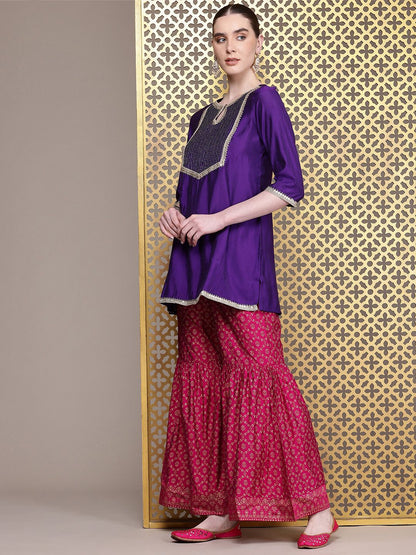 Dhiyona HOP Ethnic Motifs Embroidered Sequinned Jashn Kurta with Sharara & Dupatta