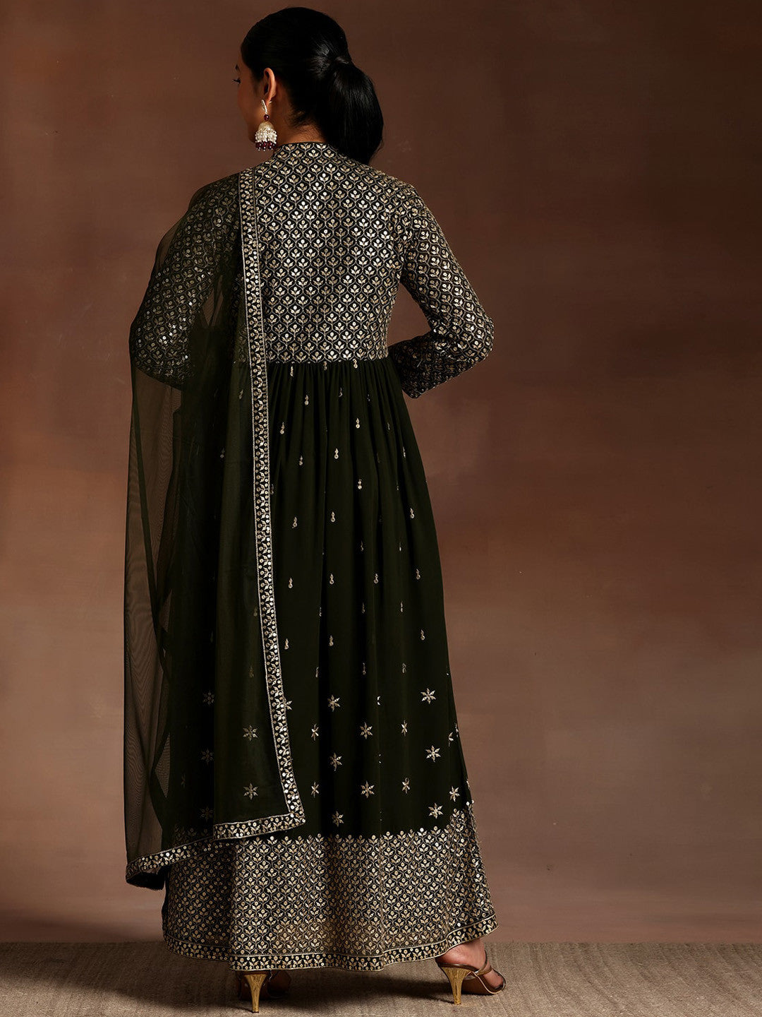 Ethnic Motifs Embroidered Georgette Sequinned A-Line Kurta Set