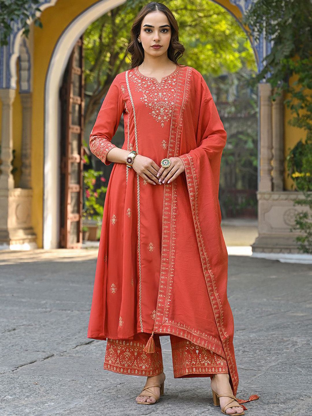 Dhiyona KL Women Embroidered Empire Sequinned Kurta with Palazzos & With Dupatta