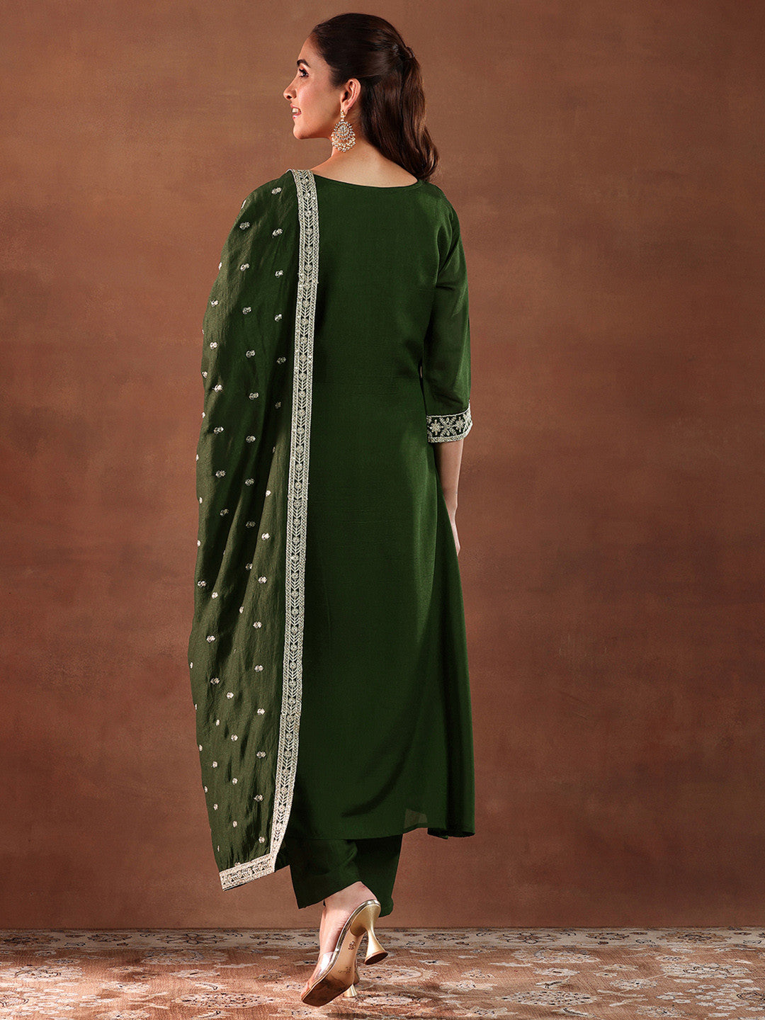 Womens Green Yoke Design Anarkali Kurta With Trousers & Dupatta