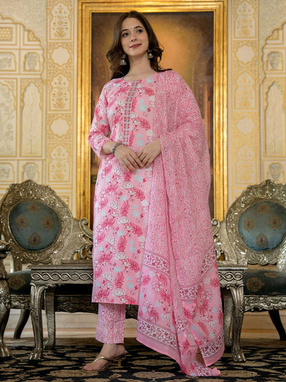 Dhiyona KL Floral Printed Thread Work Straight Kurta with Trousers & Dupatta