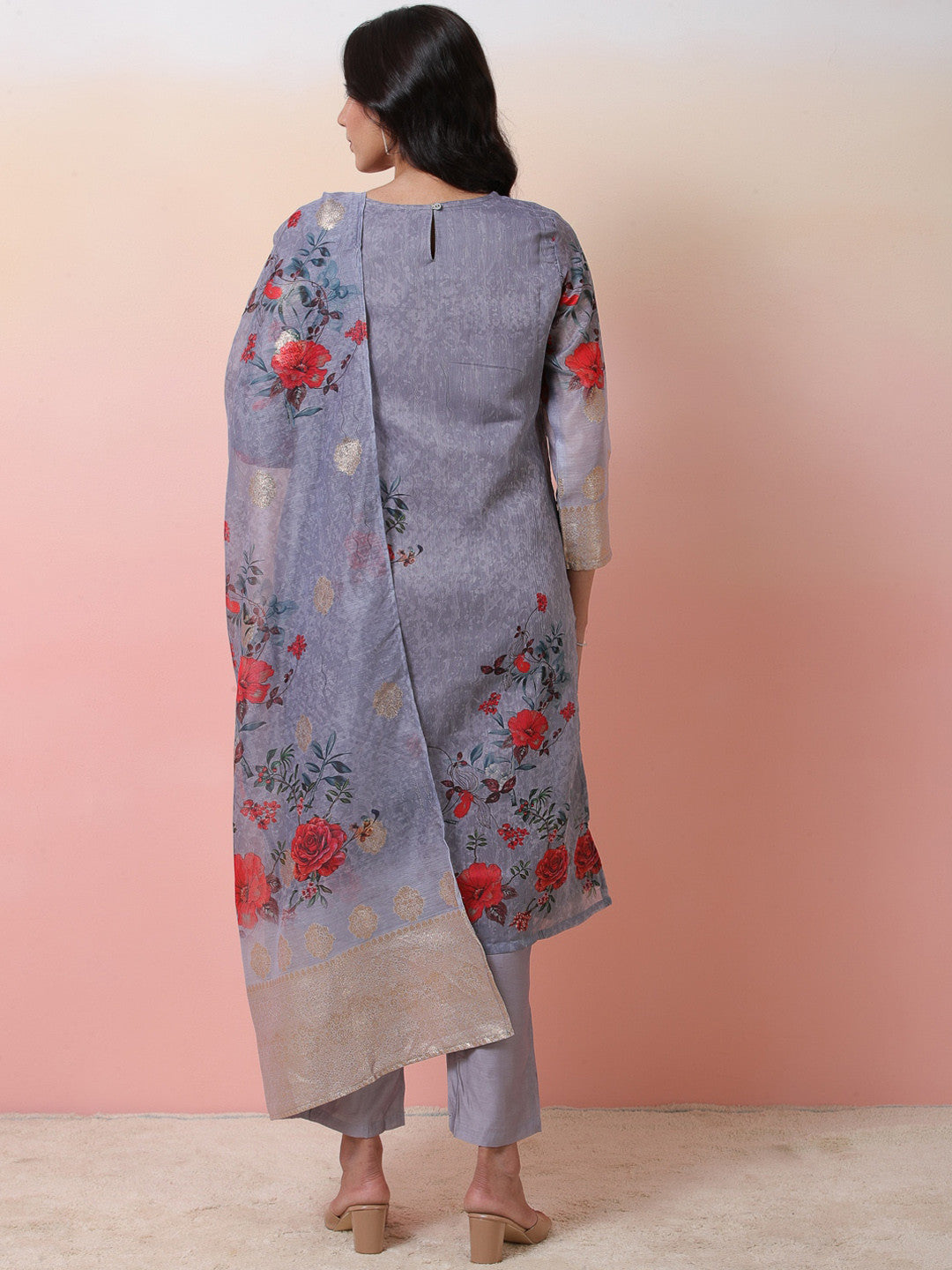 Floral Printed Chanderi Silk Straight Kurta & Trousers With Dupatta